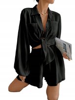 SHEIN CZARNY KOMPLET DAMSKI Z WIĄZANĄ KOSZULĄ I SZORTAMI 36 11HA Shein