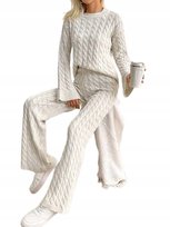 SHEIN KOMPLET SWETER I SPODNIE Z WARKOCZOWYM WZOREM BEŻOWY XS 1KA Shein
