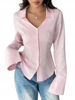 SHEIN RÓŻOWA KOSZULA DAMSKA W PASKI Z GUZIKAMI CASUAL 36 11EC Shein