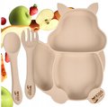 Silikonowy talerzyk z przyssawką WIEWIÓRKA nauka jedzenia + sztućce BLW beż - EVI