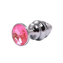 Silver medium ribbed butt plug with pink crystal Admiranda