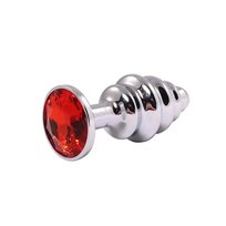 Silver medium ribbed butt plug with red crystal Admiranda