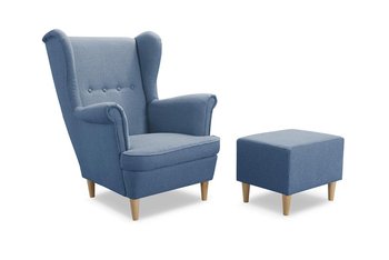 Skandynawski Fotel USZAK z podnóżkiem sprężyny niebieski - Moderno Meble