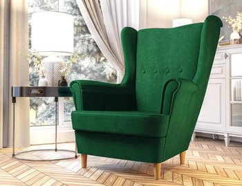 skandynawskiWygodny fotel uszak velvet butelkowa zieleń na drewnianych nogach - Moderno Meble