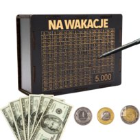 SKARBONKA WYKREŚLANA PREZENT CEL 5000 PERSONALIZACJA CZARNA NA WAKACJE