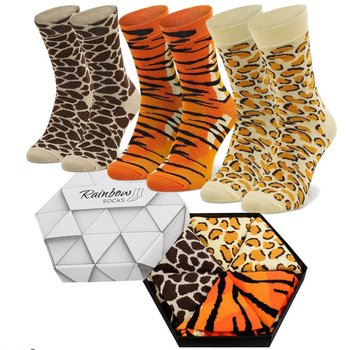 Skarpetki Rainbow Sock Wild Box Na Prezent Bawełniane Wygodne Wysokie Długie Męskie Damskie W Motywy Dzikich Zwierząt Żyrafa Pantera Tygrys 36-40 - Rainbow