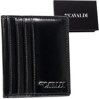 Skórzane czarne poziome etui na karty 4U CAVALDI składane cienkie bez zapięcia pojemne pudełko prezentowe ochrona RFID STOP