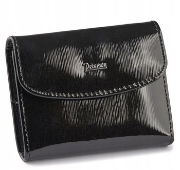 Skórzane etui damskie na zatrzask PETERSON pojemne karty dokumenty wizytówki czarne lakierowane klasyczny elegancki prezent - Peterson