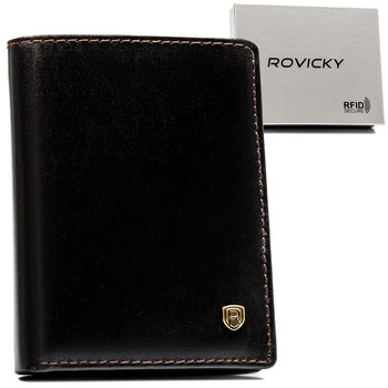 Skórzane etui na karty ROVICKY męskie eleganckie brązowe klasyczne bez zapięcia na prezent kieszeń na banknoty ochrona RFID - Rovicky