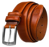 Skórzany klasyczny pasek męski do spodni PETERSON 95 tradycyjna srebrna klamra wizytowy jasnobrązowy elegancki do garnituru elegancki z tłoczonym logo