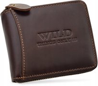 Skórzany portfel męski zamek suwak skóra wild brązowy solidny duży rfid