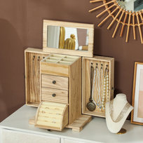 Skrzyneczka na biżuterię, kuferek na biżuterię, 4-poziomowy układ, wbudowane lustro, drewno, brązowy