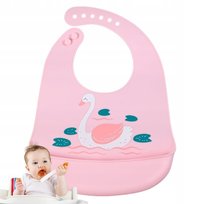 ŚLINIAK SILIKONOWY ŚLINIACZEK z Kieszonką RÓŻOWY z ŁABĘDZIEM 24-32 cm RÓŻ