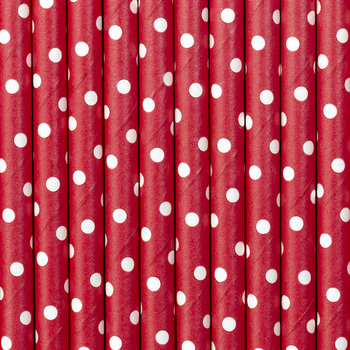 Słomki papierowe, kropki, czerwono-białe, 19,5 cm, 10 sztuk - PartyDeco