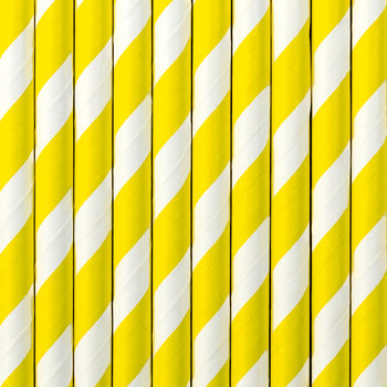 Słomki papierowe, Paski, żółte, 19,5 cm, 10 sztuk - PartyDeco