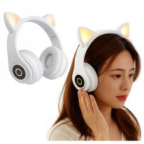 Słuchawki Bluetooth Kocie Uszy Świecące Bezprzewodowe Białe Nauszne Składane Dla Dzieci Regulowane Urocze Słodkie
