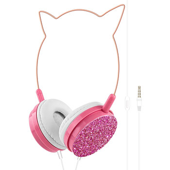 Słuchawki Przewodowe Jack 3,5 Mm Cat Ears Kawaii Design Micro Pink Glitter - Avizar
