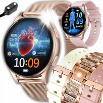Smartwatch Damski Angelo Watches AT 2024 EKG Pomiar Cukru Ciśnieniomierz Rozmowy AMOLED Złoty + 2 Paski