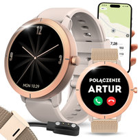 SMARTWATCH DAMSKI POŁĄCZENIA GPS MENU PL AMOLED ZŁOTY PULS SPORTOWY 2 PASKI
