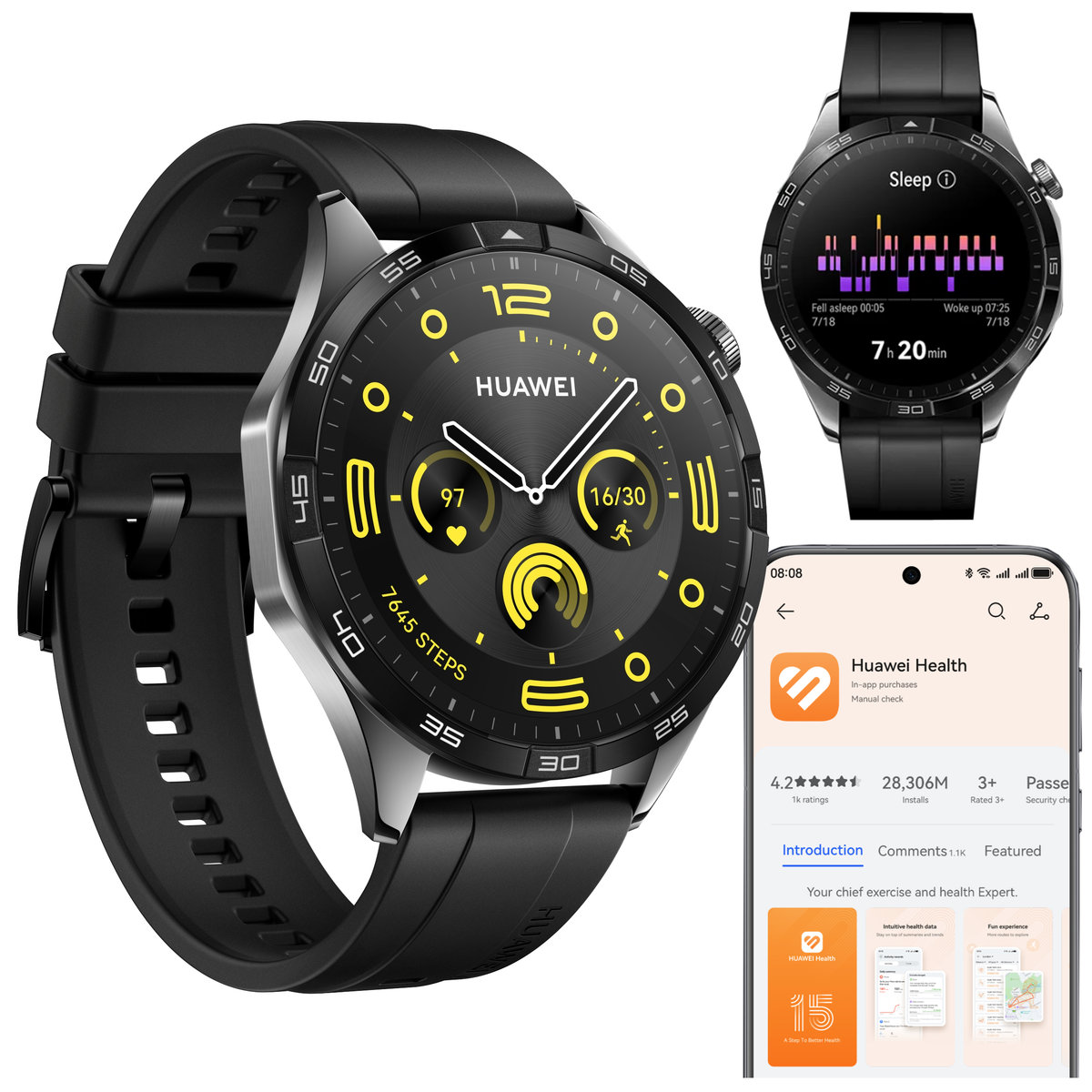 HUAWEI WATCH GT 4 ブラック SMARTWATCH HUAWEI WATCH GT 4 ACTIVE 46mm CZARNY AMOLED GPS