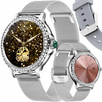 SMARTWATCH ZEGAREK DAMSKI SREBRNY KLASYCZNY NOWOCZESNY ELEGANCKI SREBRNY CYRKONIE 2 PASKI ROZMOWY SMS POWIADOMIENIA - AMT