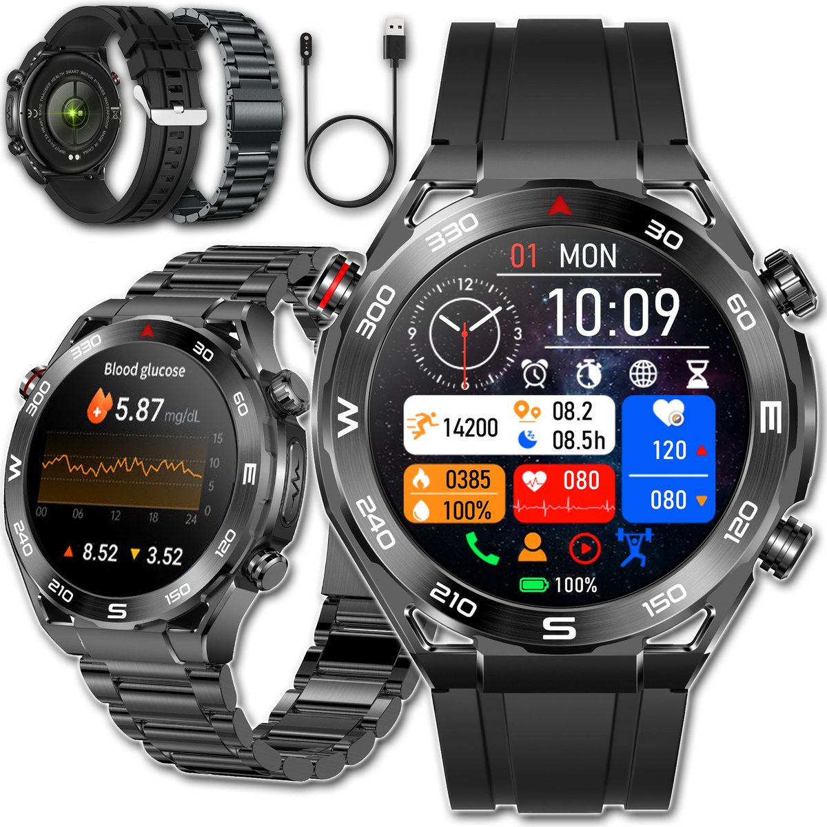 Zdjęcia - Smartwatche Smart Watch SMARTWATCH ZEGAREK MĘSKI Z EKG POMIAR CUKRU PULS CIŚNIENIE ROZMOWY MENU PL 