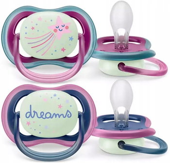 Smoczek uspokajający PHILIPS AVENT Ultra Air Night, 2 szt. - 6–18 miesięcy silikon ortodontyczny bez BPA etui do sterylizacji świecący w ciemności - Philips Avent