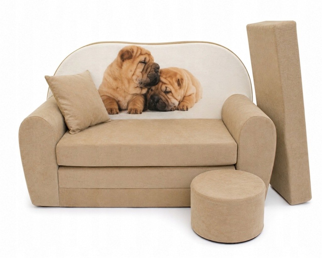 Sofa rozkładana Duża Fimex 100 x 170 cm zdejmowany pokrowiec beżowy pieski