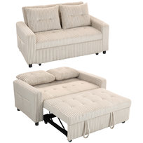 Sofa rozkładana HOMCOM, 2-osobowa sofa 157 x 190 cm z funkcją spania, regulowane oparcie, kanapa z poduszkami, wygląd sztruksu, sofa rozkładana z kieszenią boczną do salonu, kremowo-biała Homcom