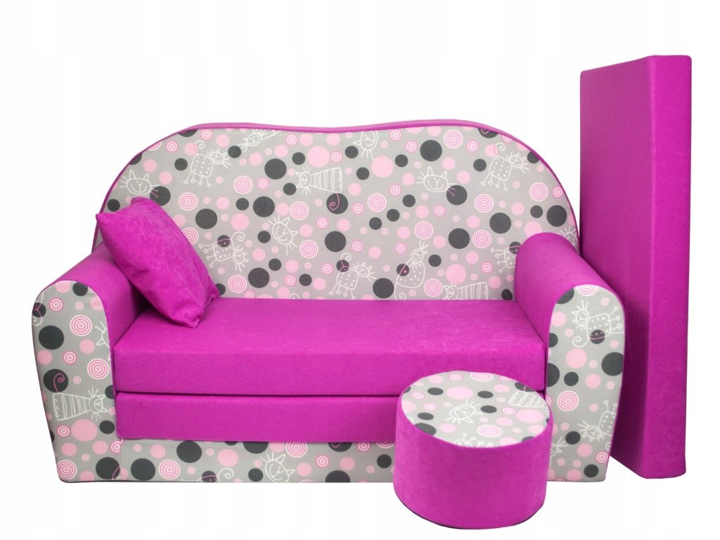 Sofa Różowa Dziecięca Rozkładana Wzory 100x170 CM Komplet Materac Poduszka