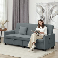 Sofabed, regulowana sofa 3-osobowa z funkcją spania, rozkładana sofa do spania z wysuwanym łóżkiem, poduszki, Szara