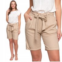 Spodenki Damskie Lniane Z Kieszeniami Wygodne Z Wiązaniem Szorty Moraj M Beige