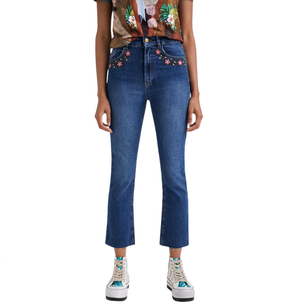 DESIGUAL Spodnie damskie Desigual Jerry jeansy flare z haftem-XS