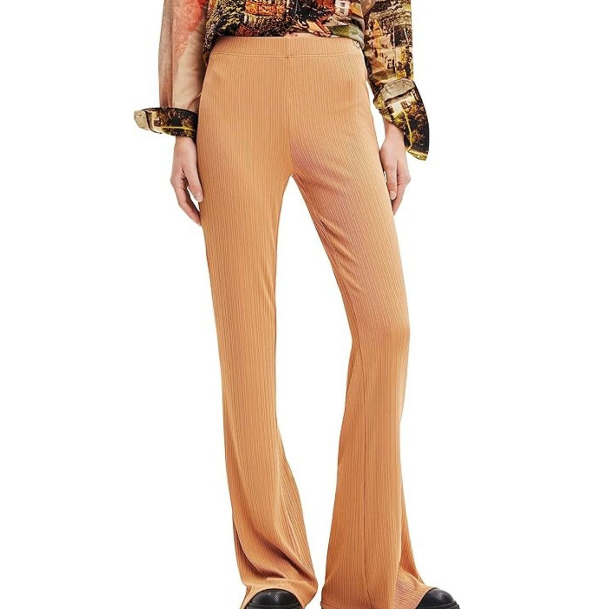 DESIGUAL Spodnie damskie Desigual Trapy materiałowe flare brązowe-XS