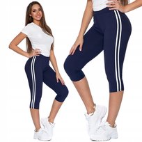 Sportowe Legginsy Damskie 3/4 Klasyczne Getry Fit Z Lampasem Moraj Xxl Navy