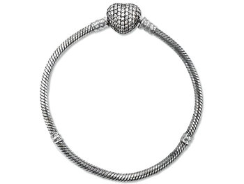Srebrna bransoletka 925 do beads szeroki łańcuszek żmijka z dużym sercem i cyrkoniami - Lovrin