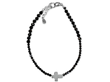 Srebrna bransoletka 925 z gładkim krzyżem i hematytami na prezent - Lovrin