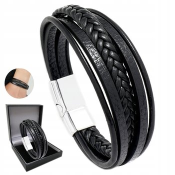 Srebrna Skórzana Bransoletka Męska Gruba Elegancka Bransoleta + Gratis - Biżuteria Levor