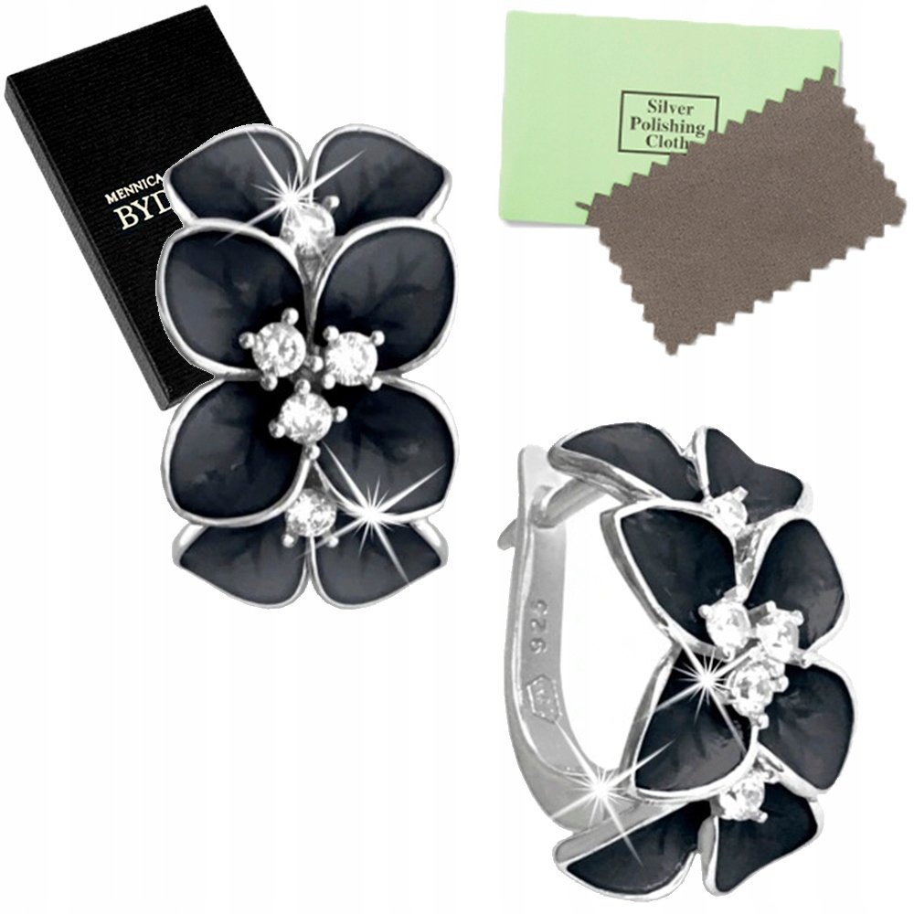 Srebrne Kolczyki 925 Dla Kobiety Kwiatki Czarne Kolczyki Srebro Angielskie-Zdjęcie-0