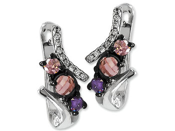 Srebrne kolczyki 925 elegancki wzór z kolorowymi kamieniami różowe cyrkonie fioletowe kamienie - Lovrin