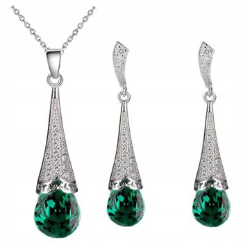 Srebrny Elegancki Komplet Biżuterii Zielone Cyrkonie Kryształki - Lovrin