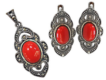 Srebrny komplet biżuterii 925 z markazytami i czerwonym kamieniem - Lovrin