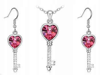 Srebrny komplet biżuterii serduszka różowe klucze srebrzony z cyrkoniami - Lovrin