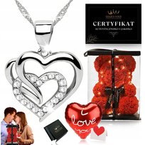 SREBRNY ŁAŃCUSZEK Z SERDUSZKIEM 925 + MIŚ Z RÓŻ DLA NIEJ, ŻONY NA ŚWIĘTA