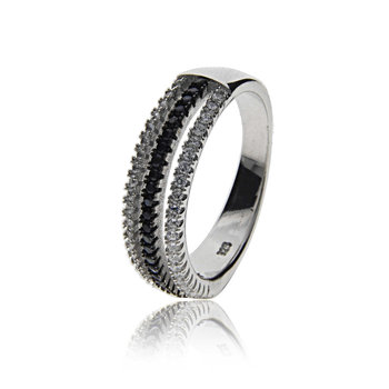 Srebrny pierścionek z białymi i czarnymi cyrkoniami - PERLEI