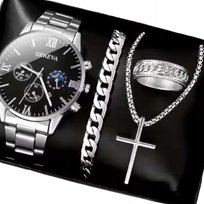 SREBRNY ZEGAREK MĘSKI ELEGANCKI, BRANSOLETA Zestaw Naszyjnik Sygnet