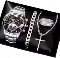 SREBRNY ZEGAREK MĘSKI ELEGANCKI, BRANSOLETA Zestaw Naszyjnik Sygnet