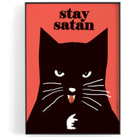 STAY SATAN, autorski plakat z czarnym kotem, grafika do domu na ścianę do pokoju dla dzieci do biura do ramki, humor, koty, retro, vintage, B2 50x70 cm