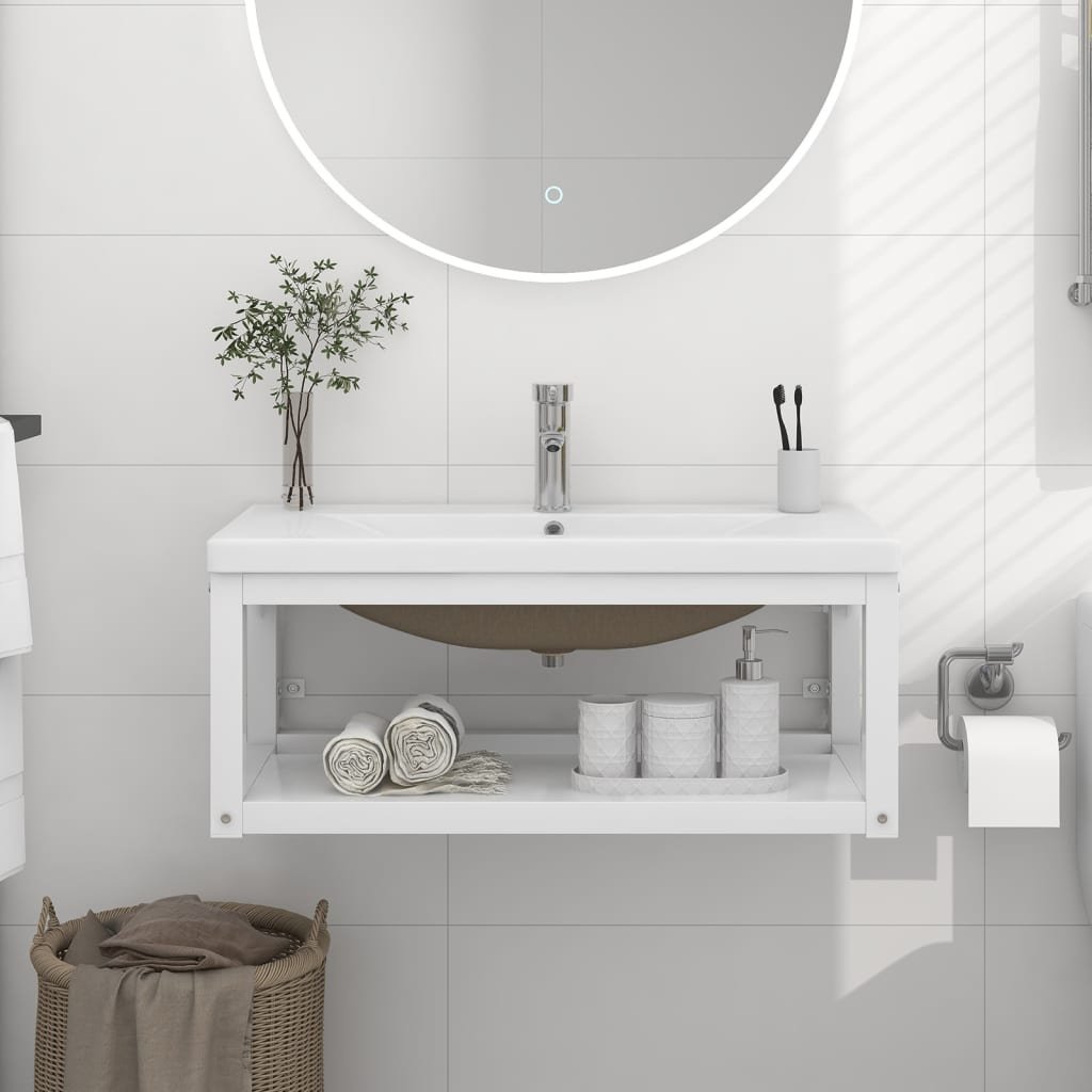 Фото - Комплект меблів VidaXL Stelaż łazienkowy z wbudowaną umywalką, biały, żelazo 