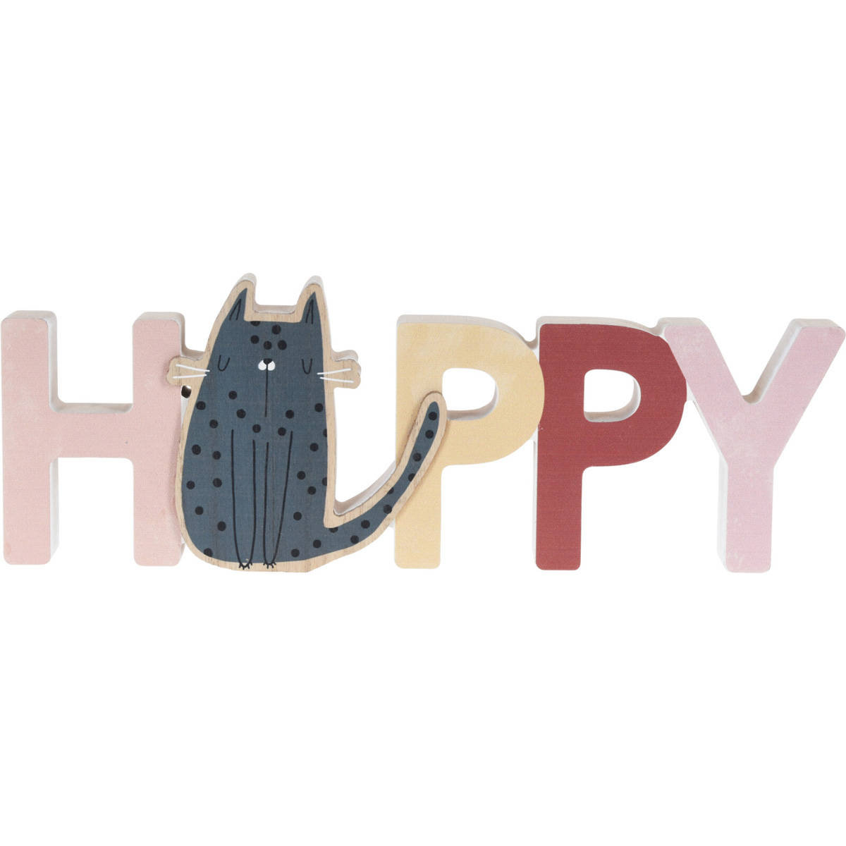 Stojąca dekoracja do pokoju dziecka Napis i kotek, drewniana, 28 x 2,5 ...